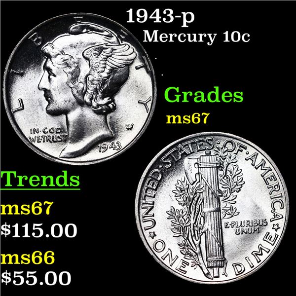 1943-p Mercury Dime 10c Grades GEM++ Unc