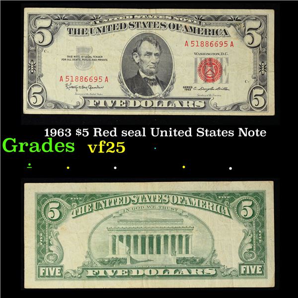1963 $5 Red seal United States Note Grades vf+