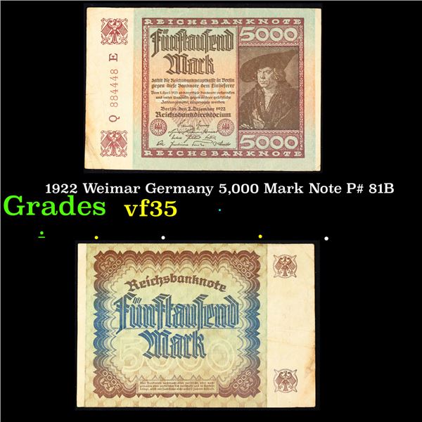 1922 Weimar Germany 5,000 Mark Note P# 81B Grades vf++