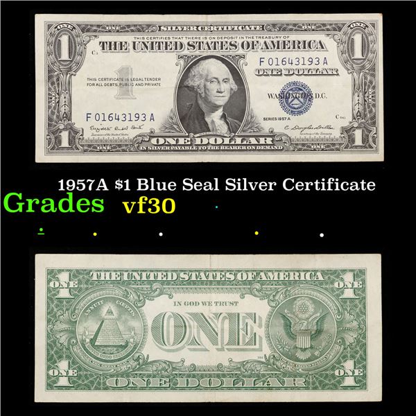 1957A $1 Blue Seal Silver Certificate Grades vf++