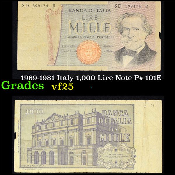1969-1981 Italy 1,000 Lire Note P# 101E Grades vf+