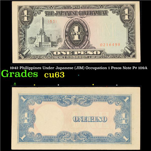1942 Philippines Under Japanese (JIM) Occupation 1 Pesos Note P# 109A Grades Select CU