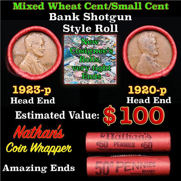 Mixed small cents 1c orig shotgun roll, 1923-p & 1920-p Lincoln Cent, Wheat Cent other end, Nathan'