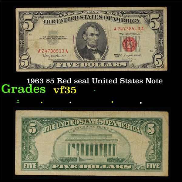 1963 $5 Red seal United States Note Grades vf++