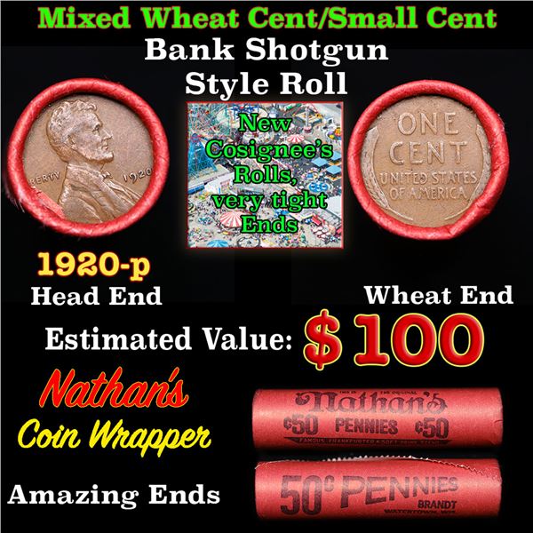 Mixed small cents 1c orig shotgun roll, 1920-p Lincoln Cent, Wheat Cent other end, Nathan's Brandt W