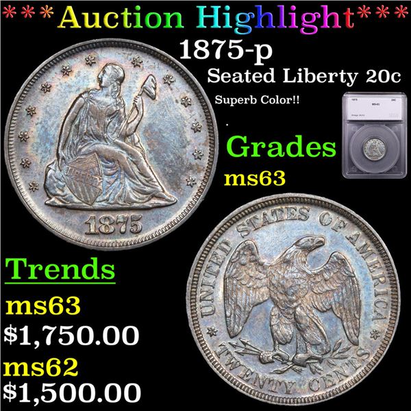 ***Auction Highlight*** 1875-p Twenty Cent Piece 20c Graded ms63 By SEGS (fc)