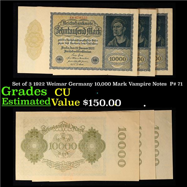 Set of 3 1922 Weimar Germany 10,000 Mark Vampire Notes  P# 71 Grades CU