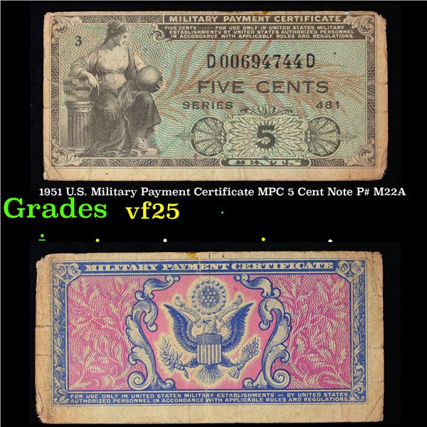 1951 U.S. Military Payment Certificate MPC 5 Cent Note P# M22A Grades vf+