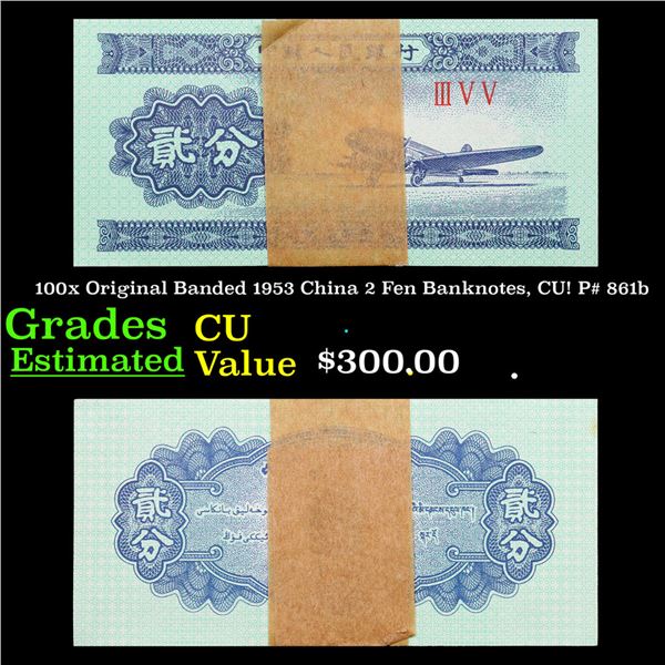 100x Original Banded 1953 China 2 Fen Banknotes, CU! P# 861b  Grades CU