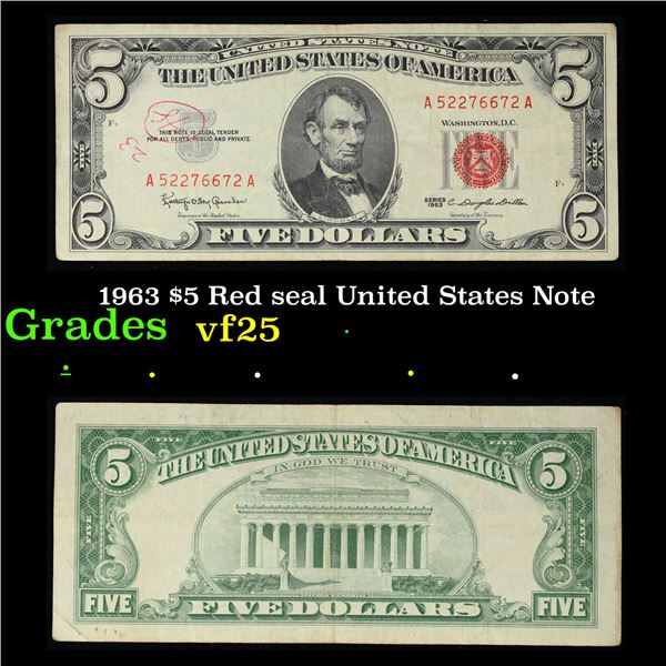 1963 $5 Red seal United States Note Grades vf+
