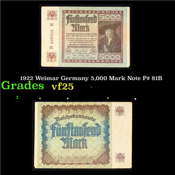 1922 Weimar Germany 5,000 Mark Note P# 81B Grades vf+