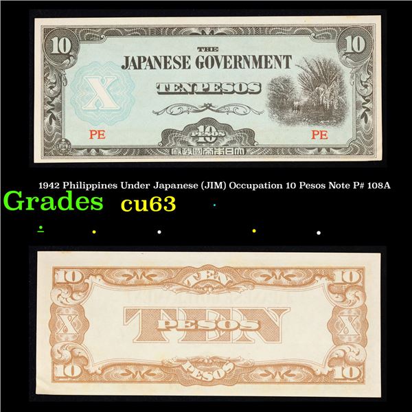 1942 Philippines Under Japanese (JIM) Occupation 10 Pesos Note P# 108A Grades Select CU