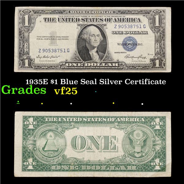 1935E $1 Blue Seal Silver Certificate Grades vf+