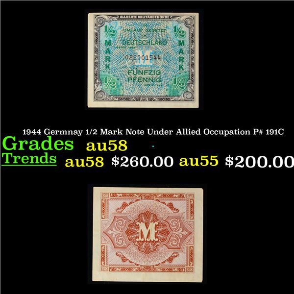 1944 Germnay 1/2 Mark Note Under Allied Occupation P# 191C Grades Choice AU/BU Slider
