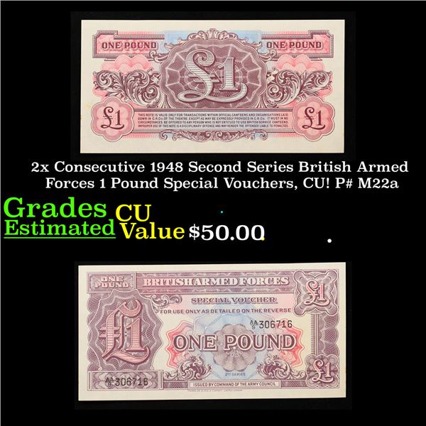 2x Consecutive 1948 Second Series British Armed Forces 1 Pound Special Vouchers, CU! P# M22a Grades 