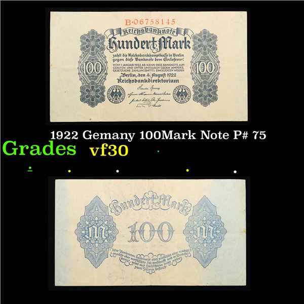 1922 Gemany 100Mark Note P# 75 Grades vf++