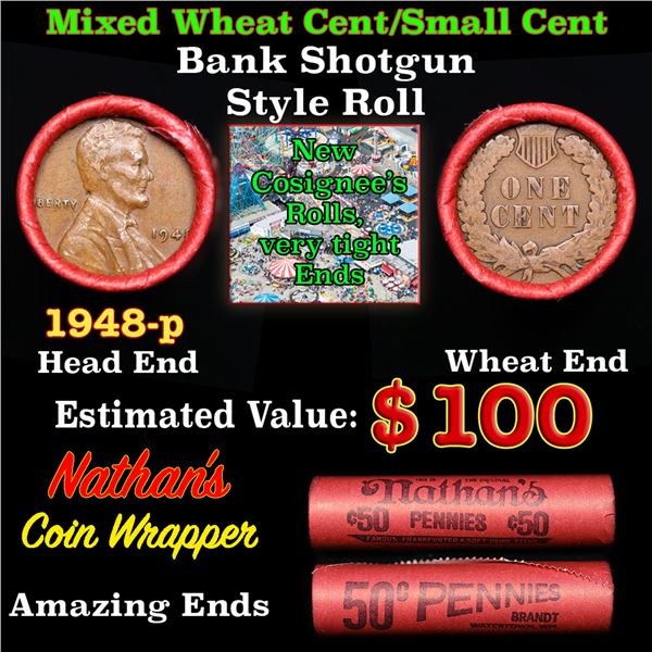 Mixed small cents 1c orig shotgun roll, 1948-p Lincoln Cent, Wheat Cent other end, Nathan's Brandt W