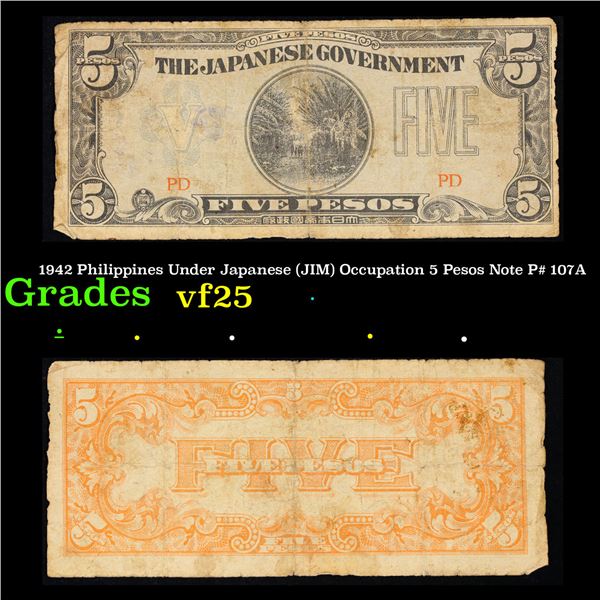 1942 Philippines Under Japanese (JIM) Occupation 5 Pesos Note P# 107A Grades vf+