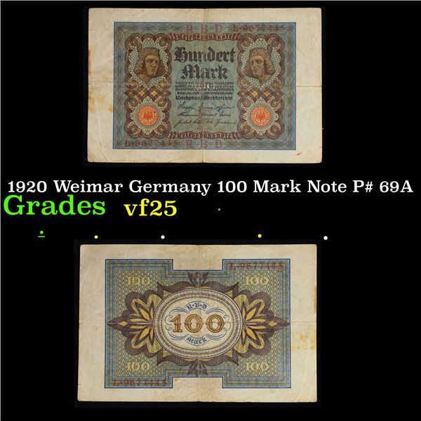 1920 Weimar Germany 100 Mark Note P# 69A Grades vf+