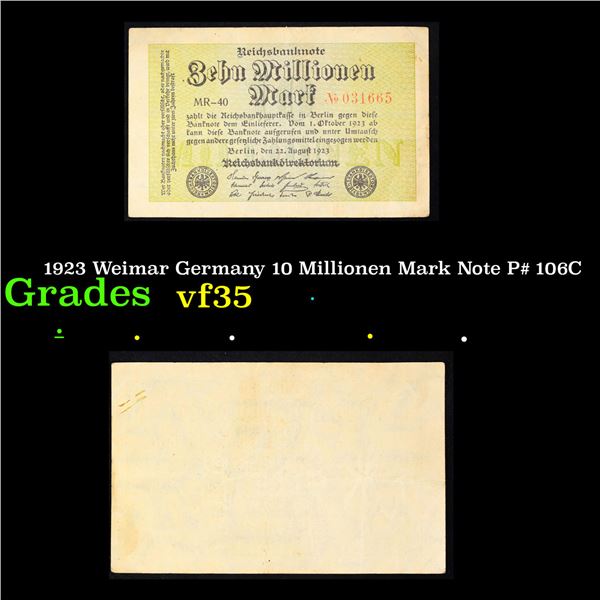 1923 Weimar Germany 10 Millionen Mark Note P# 106C Grades vf++