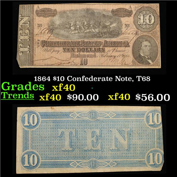 1864 $10 Confederate Note, T68 Grades xf