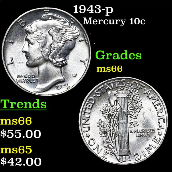 1943-p Mercury Dime 10c Grades GEM+ Unc