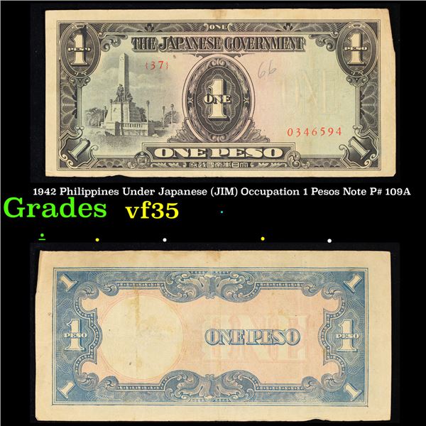 1942 Philippines Under Japanese (JIM) Occupation 1 Pesos Note P# 109A Grades vf++