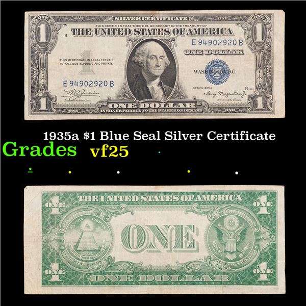 1935a $1 Blue Seal Silver Certificate Grades vf+