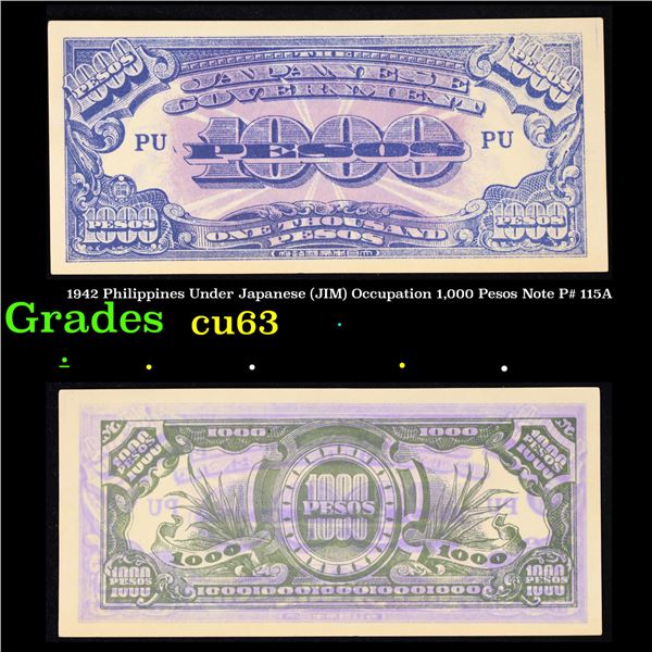 1942 Philippines Under Japanese (JIM) Occupation 1,000 Pesos Note P# 115A Grades Select CU