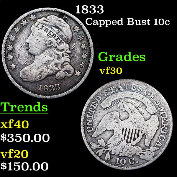 1833 Capped Bust Dime 10c Grades vf++