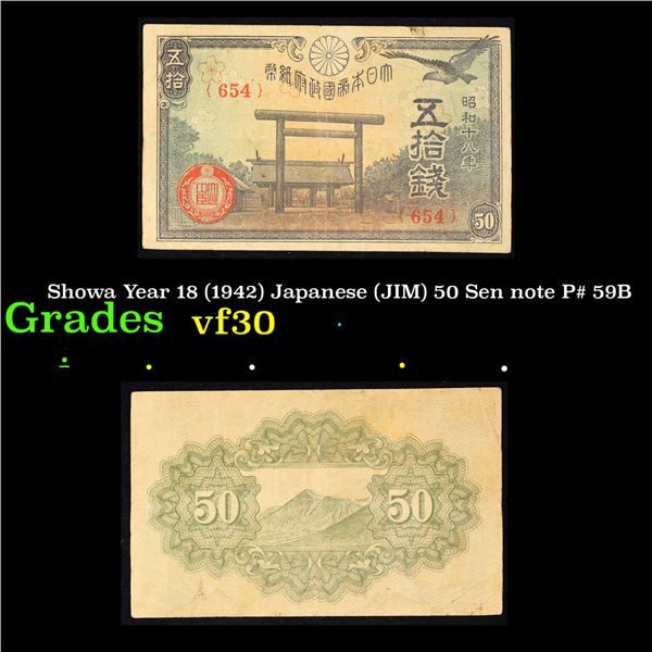 Showa Year 18 (1942) Japanese (JIM) 50 Sen note P# 59B Grades vf++