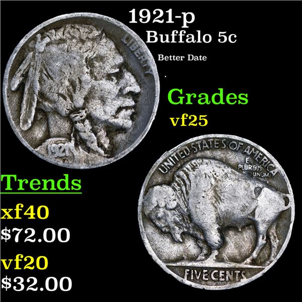 1921-p Buffalo Nickel 5c Grades vf+