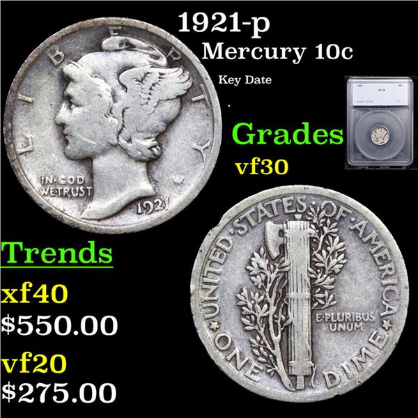 1921-p Mercury Dime 10c Graded vf30 By SEGS