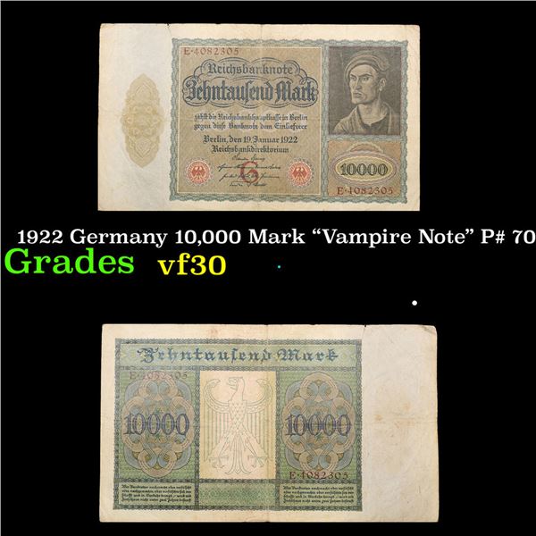 1922 Germany 10,000 Mark "Vampire Note" P# 70 Grades vf++