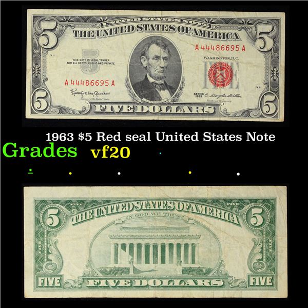 1963 $5 Red seal United States Note Grades vf, very fine