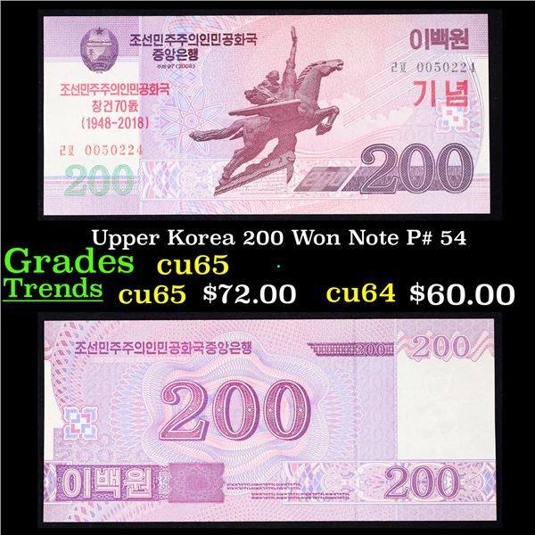 Upper Korea 200 Won Note P# 54 Grades Gem CU