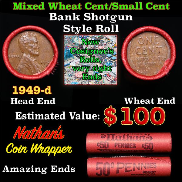Mixed small cents 1c orig shotgun roll, 1949-d Wheat Cent, Wheat Cent other end, Nathan's Brandt Wra