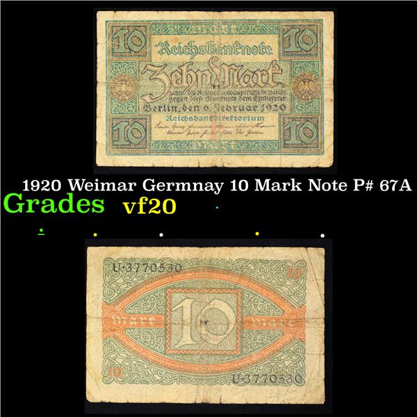 1920 Weimar Germnay 10 Mark Note P# 67A Grades vf, very fine