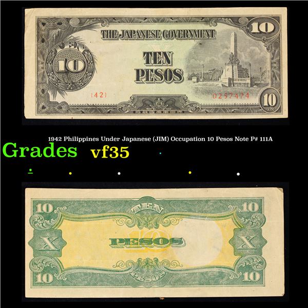 1942 Philippines Under Japanese (JIM) Occupation 10 Pesos Note P# 111A Grades vf++