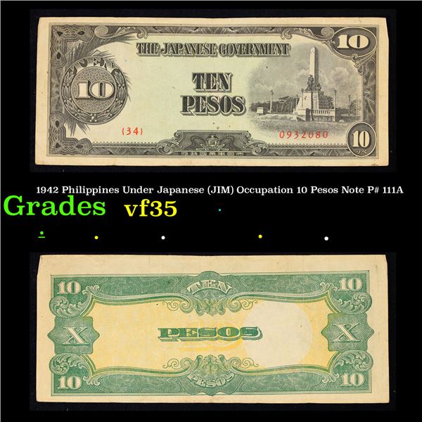 1942 Philippines Under Japanese (JIM) Occupation 10 Pesos Note P# 111A Grades vf++
