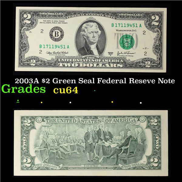2003A $2 Green Seal Federal Reseve Note Grades Choice CU