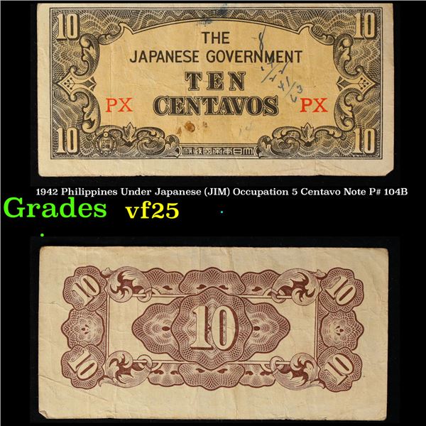 1942 Philippines Under Japanese (JIM) Occupation 5 Centavo Note P# 104B Grades vf+