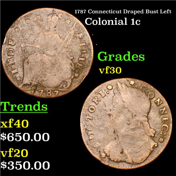 1787 Connecticut Colonial Cent Draped Bust Left 1c Grades vf++