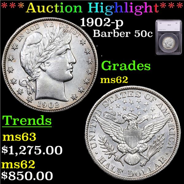 ***Auction Highlight*** 1902-p Barber Half Dollars 50c Graded ms62 By SEGS (fc)