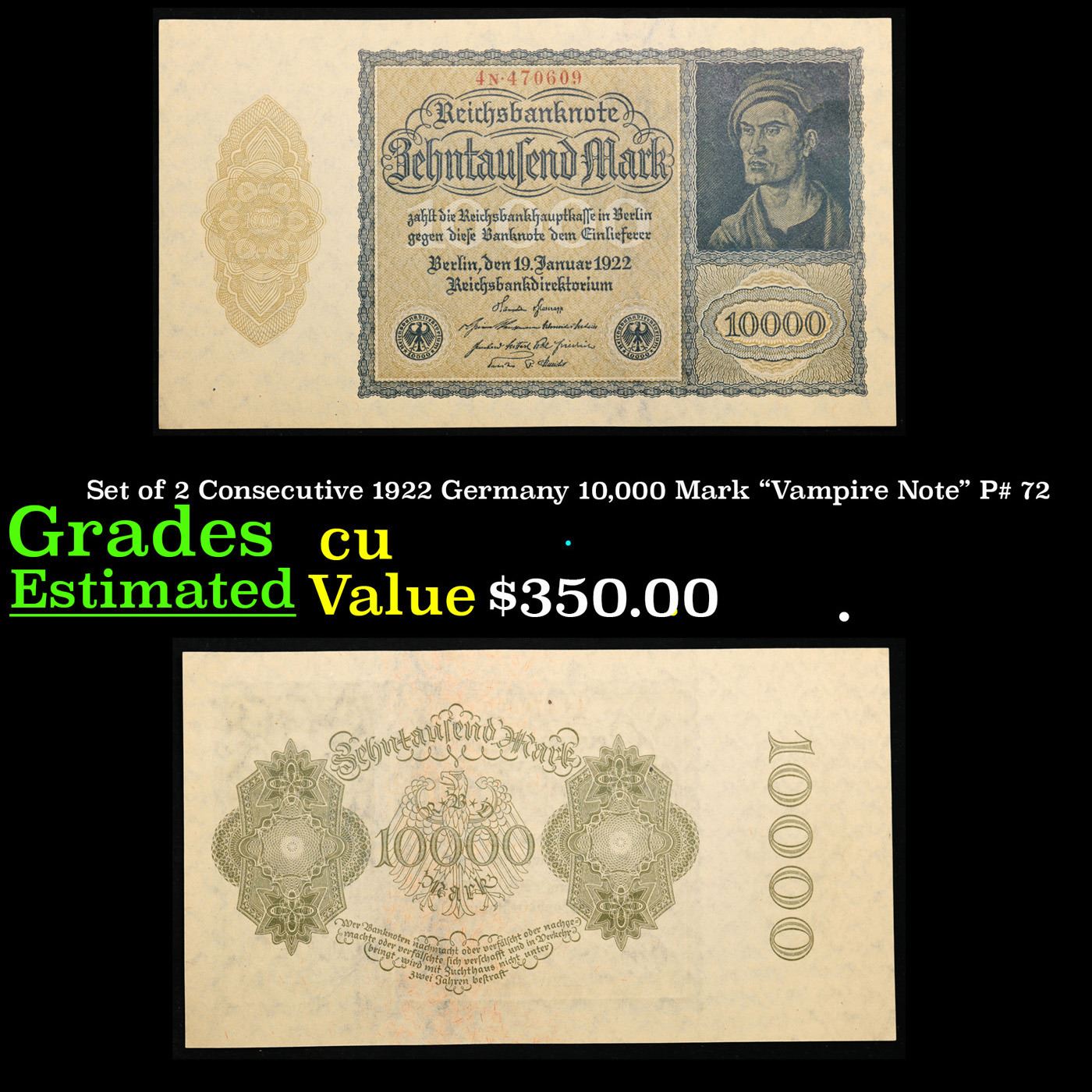 German Vampire Note Set of 2 Consecutive 1922 Germany 10,000 Mark