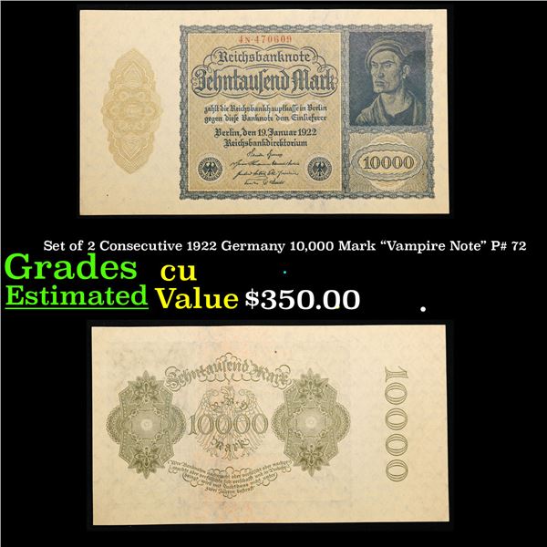 Set of 2 Consecutive 1922 Germany 10,000 Mark "Vampire Note" P# 72 Grades CU