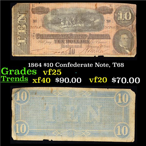 1864 $10 Confederate Note, T68 Grades vf+