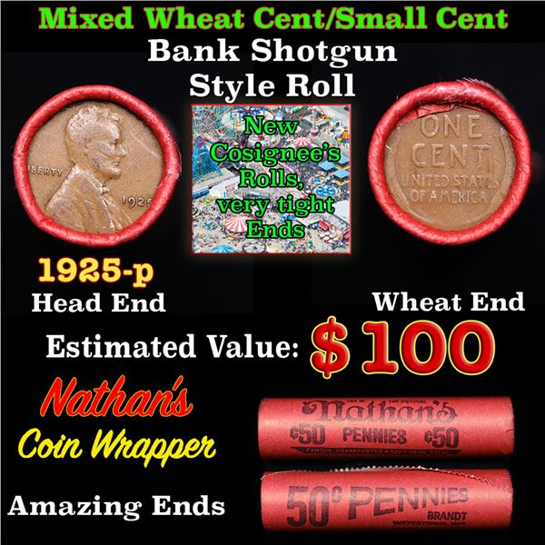 Mixed small cents 1c orig shotgun roll, 1925-p Lincoln Cent, Wheat Cent other end, Nathan's Brandt W