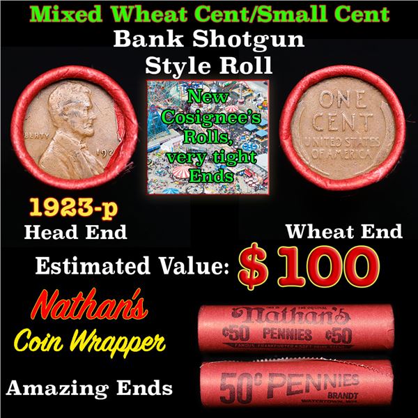 Mixed small cents 1c orig shotgun roll, 1923-p Lincoln Cent, Wheat Cent other end, Nathan's Brandt W