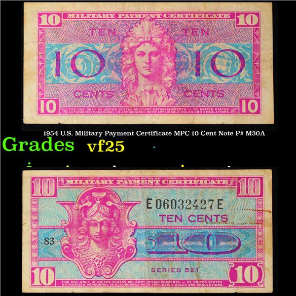 1954 U.S. Military Payment Certificate MPC 10 Cent Note P# M30A Grades vf+